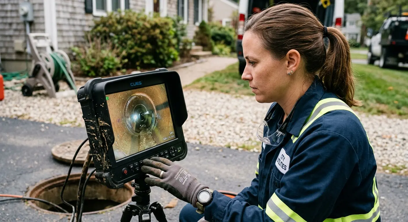Technician reviewing sewer camera inspection footage in Crawfordville