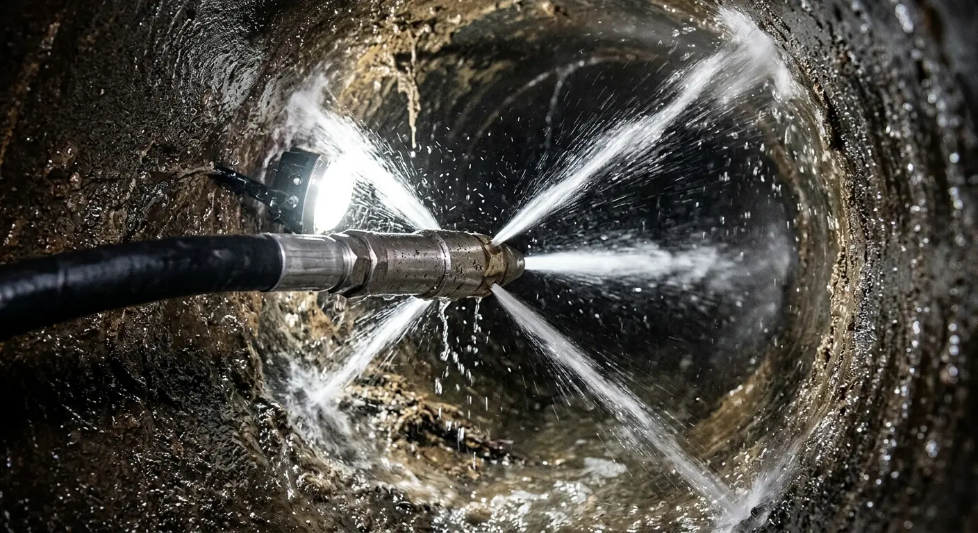 High-pressure hydro jetting nozzle cleaning sewer pipe for Emergency Drain Service in Crawfordville