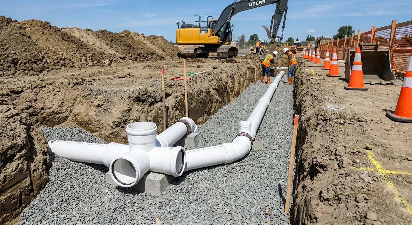 New PVC sewer pipe installation in open trench for Sewer Backup in Crawfordville