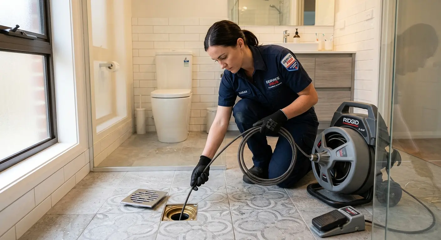 Technician clearing a bathroom floor drain for Drain Cleaning in Crawfordville